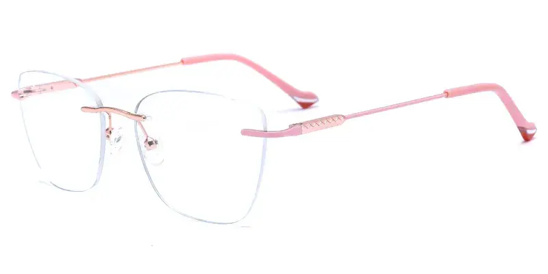 Carnation Women Square Rimless Metal Optical Frame, Laser Engraving - Pink