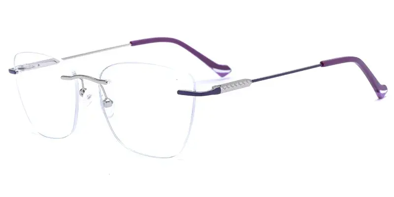 Carnation Women Square Rimless Metal Optical Frame, Laser Engraving - Silver Purple