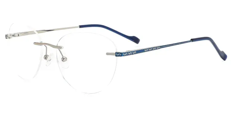 Hibiscus Adult Males Metal Oval Rimless Eyewear, Laser Temple Pattern Engraving - Blue