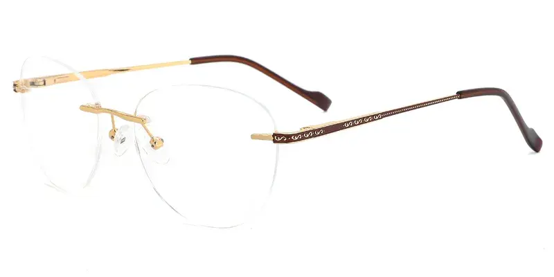 Hibiscus Adult Males Metal Oval Rimless Eyewear, Laser Temple Pattern Engraving - Brown