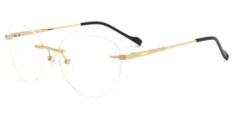 Hibiscus Adult Males Metal Oval Rimless Eyewear, Laser Temple Pattern Engraving - Gold
