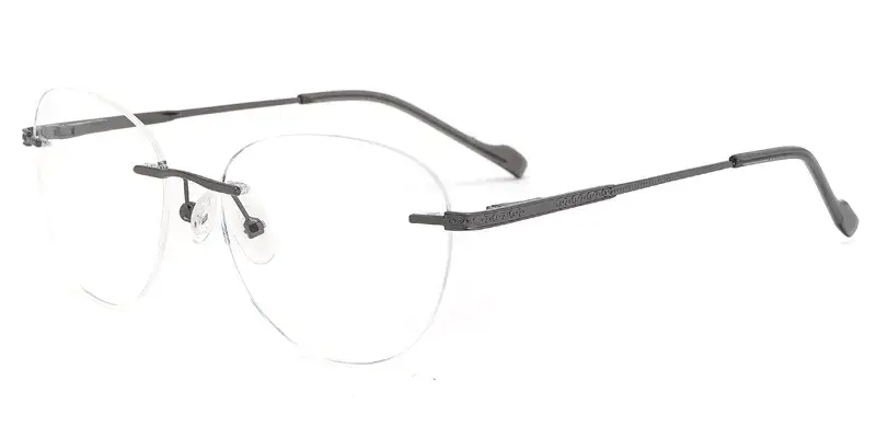 Hibiscus Adult Males Metal Oval Rimless Eyewear, Laser Temple Pattern Engraving - Grey