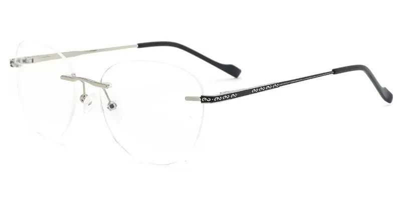 Hibiscus Adult Males Metal Oval Rimless Eyewear, Laser Temple Pattern Engraving - Silver Black