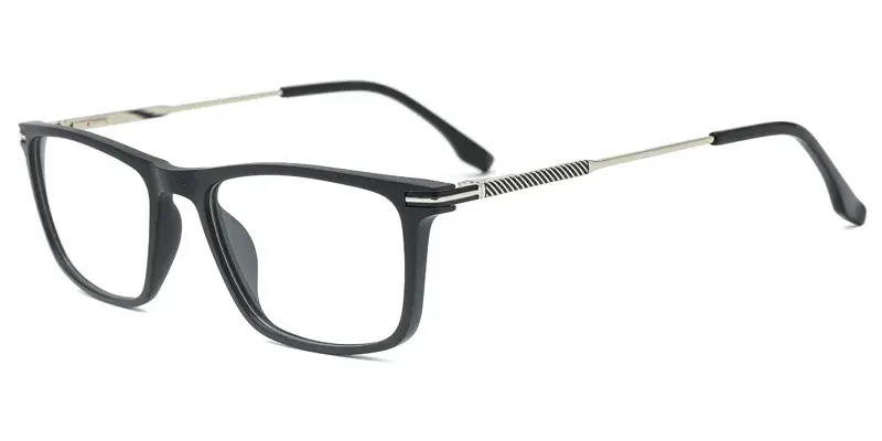 Plantain Womens TR90 Metal Hybrid Rectangle Eyewear, Laser Engraving, Dot Paint Filling - Silver Black