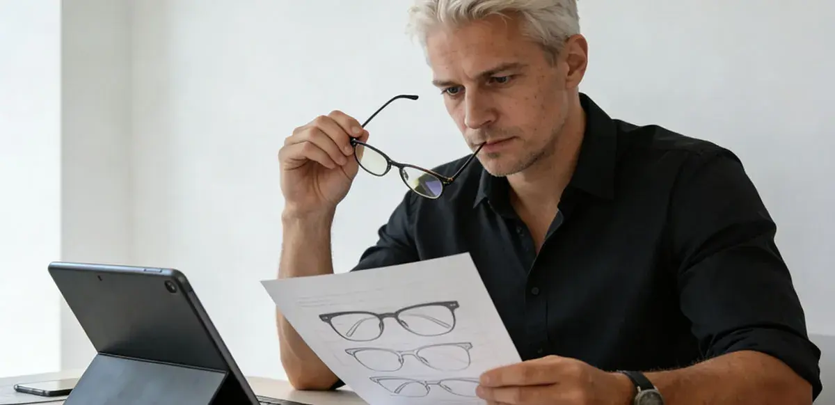 Eyewear business owner thinking